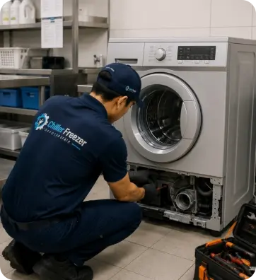 Technician repairing a commercial washing machine