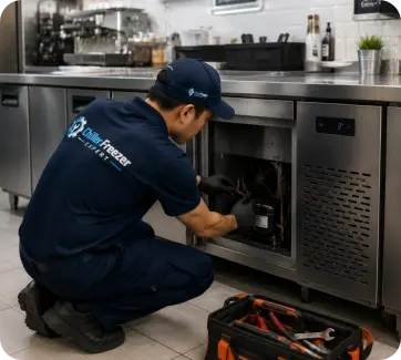 Technician servicing a stainless steel counter chiller
