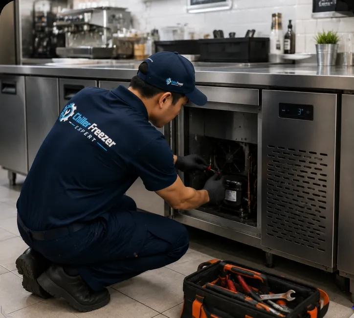 Technician repairing a counter chiller