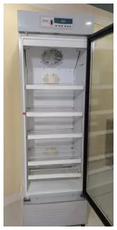 Interior of an upright commercial refrigerator