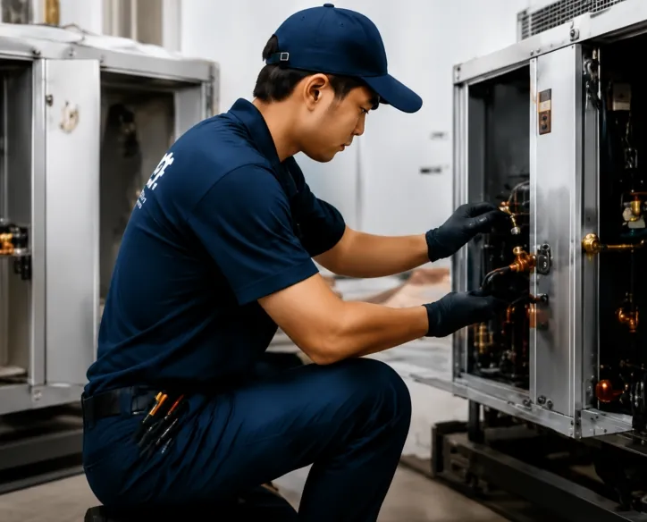CFE technician inspecting refrigeration equipment