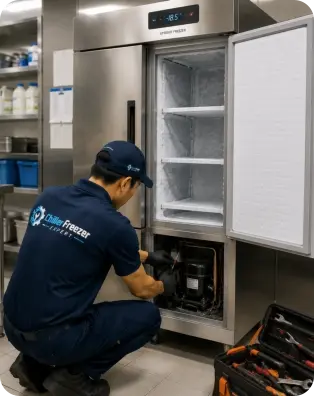 Technician checking an upright commercial freezer